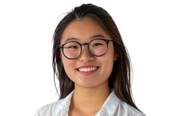 Wall Mural - A friendly young Asian employee with a contagious smile, exuding warmth and professionalism, on a white background.