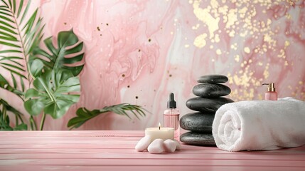 Sticker - Beauty treatment items for spa procedures on pink wooden table and gold marble wall. massage stones