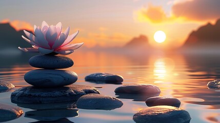 Sticker - Lotus flower on stacked stones in tranquil water at sunset. Zen and meditation concept