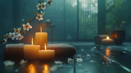 Sticker - Moody picture of a zen inspired spa scene with candles on a dark background