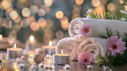 Wall Mural - Roll up of towels with candles and flowers for massage spa treatment