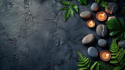 Wall Mural - Spa background with spa accessories and zen stones on a dark background