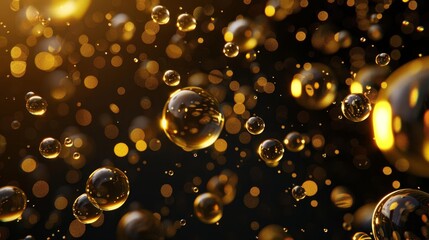 Wall Mural - abstract liquid gold bubbles shimmering oil droplets floating in dark background luxurious 3d illustration