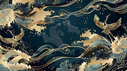 Luxury abstract oriental pattern background vector. Elegant japanese pattern gold line art 