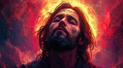 Wall Mural - An illustration of Jesus Christ with a heart of light.