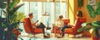 © KC. - Three people engage in a casual conversation in a modern, sunlit office space with vibrant decor and large windows.
