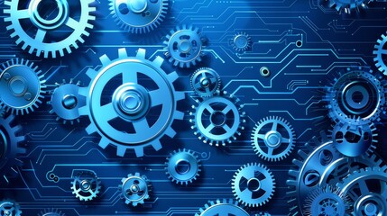 A blue and white image of gears and other mechanical parts