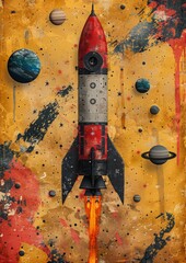 Wall Mural - cartoon style space rocket model in universe and space with stars and galaxy, space rocket exploration in universe space realistic illustration 