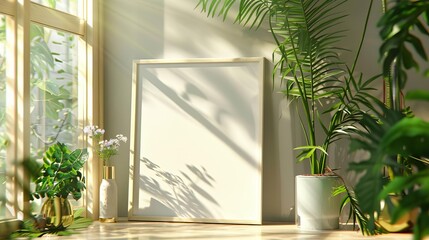 elegant mockup poster frame with lush plants and flowers in sunlit window concept illustration