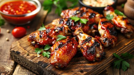 Wall Mural - Grilled Chicken Wings with Spicy Sauce on a Wooden Table
