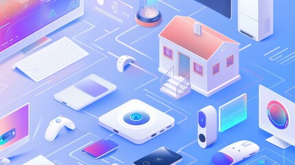 Wall Mural - Design a visual representation of AI-powered smart home devices. Include examples like smart thermostats, security systems, and home assistants.