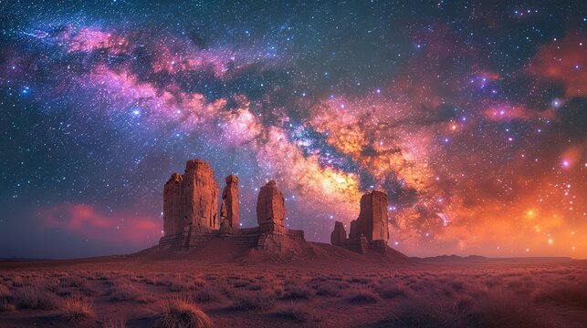 A breathtaking shot of the Milky Way over a historic ruin.
