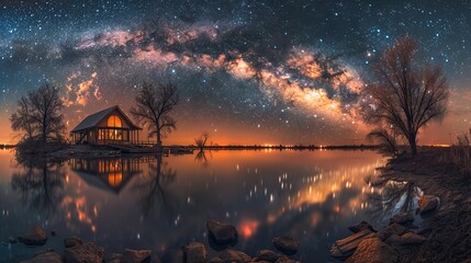 Wall Mural - A breathtaking shot of the Milky Way over a tranquil bay.