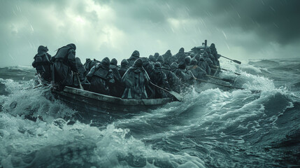 Wall Mural - A group of people are in a boat in rough waters