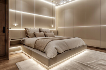 Wall Mural - A chic modern bedroom featuring a floating bed, built-in nightstands, and LED strip lighting creating a serene ambiance.