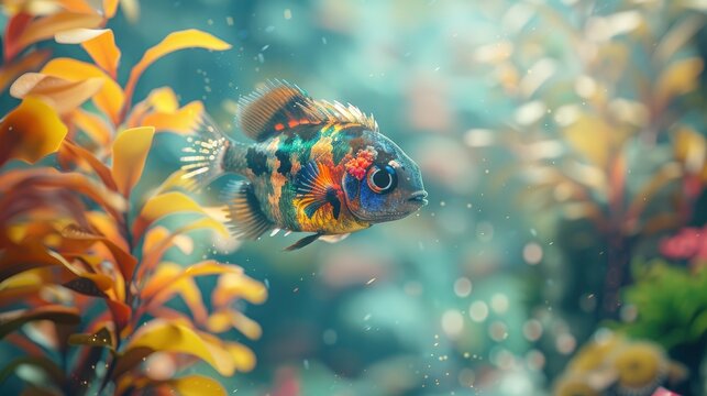A cute colorful fish swims in a beautiful and clear aquarium. Generative Ai