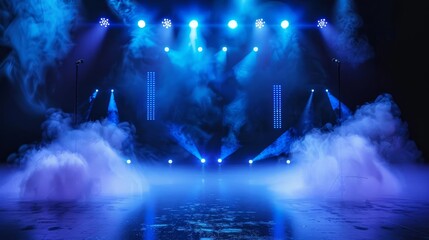 illuminated stage with blue lights and smoke on black background concert theater performance show event concept realistic 3d illustration