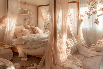 Wall Mural - A romantic bedroom with a four-poster bed draped in sheer fabric, soft pink accents, and delicate floral decor.