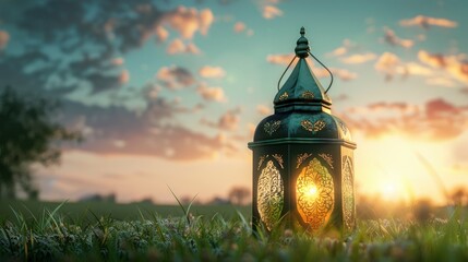 Wall Mural - Islamic lantern on green grass with a morning sky in the background. Generative Ai