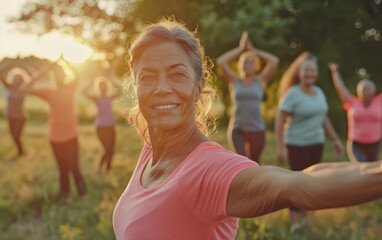 A group of people doing stretching exercises outdoors, smiling and looking happy with their hands outstretched to the side in front or at chest level