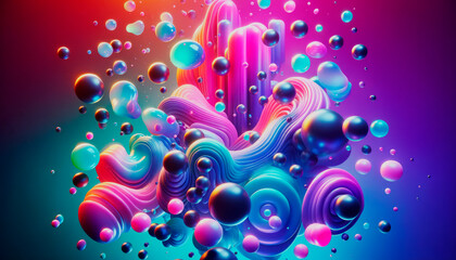 Wall Mural - Abstract colorful shapes and bubbles on a vibrant gradient background, representing a concept of fluidity and creativity. Generative AI