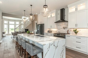 Wall Mural - Experience the epitome of modern design in this American kitchen, featuring sleek white cabinets, state-of-the-art stainless steel appliances