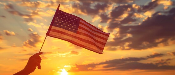 A person holds an American flag at sunset, with colorful clouds and brilliant sunlight creating a beautiful backdrop.