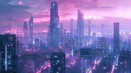 Wall Mural - Pink and blue neon futuristic cityscape