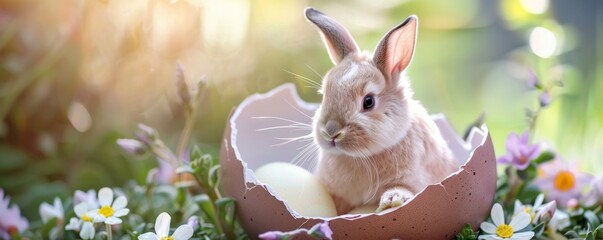 A baby rabbit is sitting in an eggshell. The scene is peaceful and serene, with the rabbit looking out of the eggshell as if it is curious about the world outside. Concept of innocence and wonder