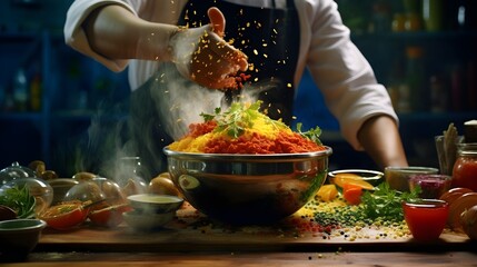 Wall Mural - A chef's hands in a whirlwind of motion as they expertly mix and blend ingredients,