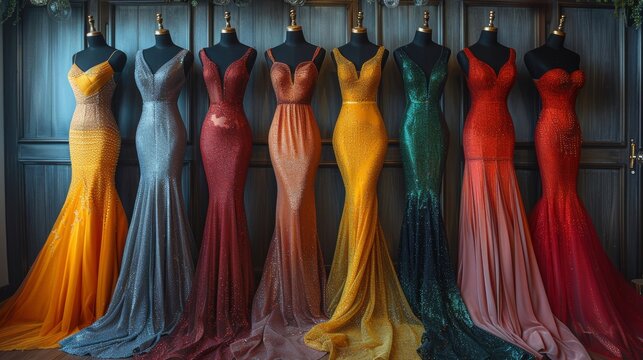 An array of exquisite sequined evening dresses presenting a beautiful gradient of colors