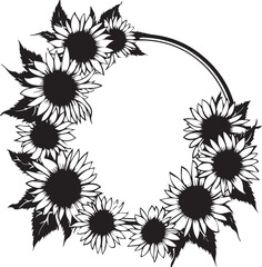 Wall Mural - Black and white sunflower wreath illustrations, suitable for various design applications