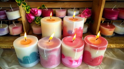 Two candles with a floral design on them are lit and placed on a table