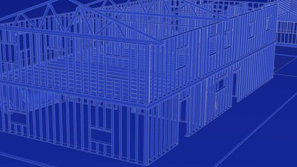 Wall Mural - under construction house site, frame structure, with large machines, seamless looping 3D blueprint animation