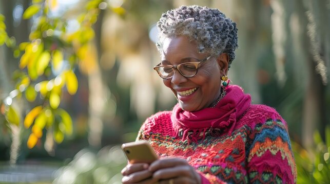 senior african american woman joyfully using smartphone in park digital skills concept