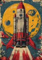 Wall Mural - cartoon style space rocket model in universe and space with stars and galaxy, space rocket exploration in universe space realistic illustration 