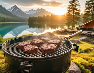 grilling beef in a beautiful natural campsite