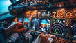 © growth.ai - Cockpit view: pilot's hand on power levers of an airliner. Instrument panel in the background