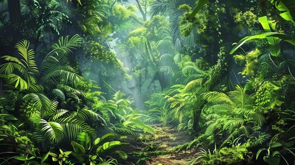 Poster - serene natural beauty of a lush rainforest with vibrant green foliage and tranquil atmosphere digital painting