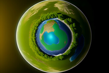 Wall Mural - Planet earth on a green background. Green continents made from the crown of a tree. Clear azure water. The ecological concept of the survival of the planet.