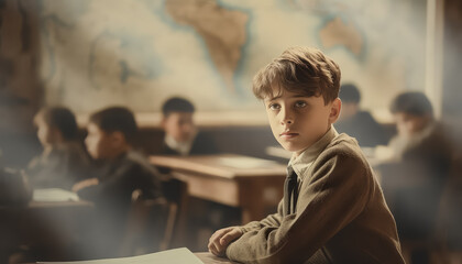 Wall Mural - A boy in a school uniform stands in front of a group of other children