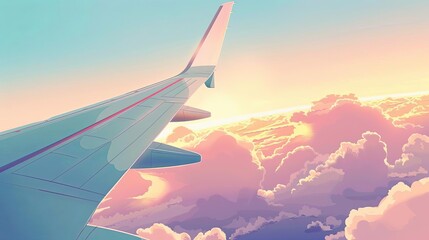 Wall Mural - serene sky view through airplane window tranquil cloudscape and wing calming travel concept illustration