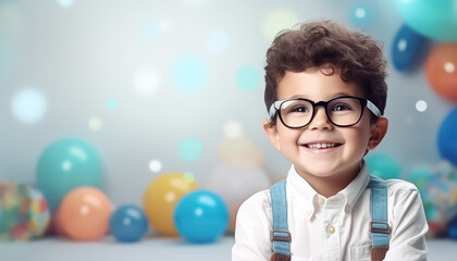 Wall Mural - A young child with glasses is smiling and looking at the camera