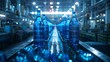 © growth.ai - Blue-toned factory interior, juice bottles on a conveyor belt, modern beverage plant, industrial production line in operation