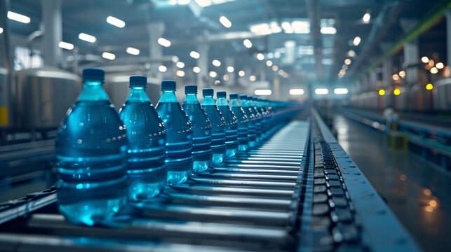 Blue-toned factory interior, juice bottles on a conveyor belt, modern beverage plant, industrial production line in operation