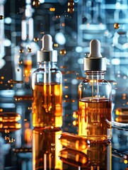 Aufkleber - Two glass bottles with droppers filled with a clear serum, droplets in the air, and lab tools in the background. Generative AI