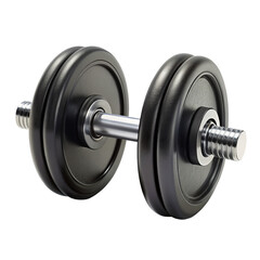 High-quality black iron dumbbell with a silver handle, perfect for strength training and fitness activities, isolated on a transparent background.