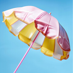 Wall Mural - A retro pink and yellow striped beach umbrella against a bright blue sky. Nostalgic summer vibes captured perfectly.