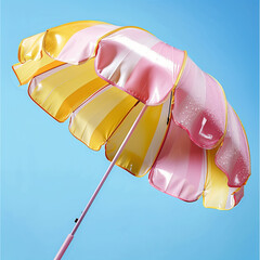 Wall Mural - A detailed view of a pink and yellow striped beach umbrella on a sunny day. Bright and cheerful summer aesthetics.