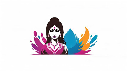 Wall Mural - Indian woman with colored paints in Holi Festival themed logo icon symbol on white background. Generative AI